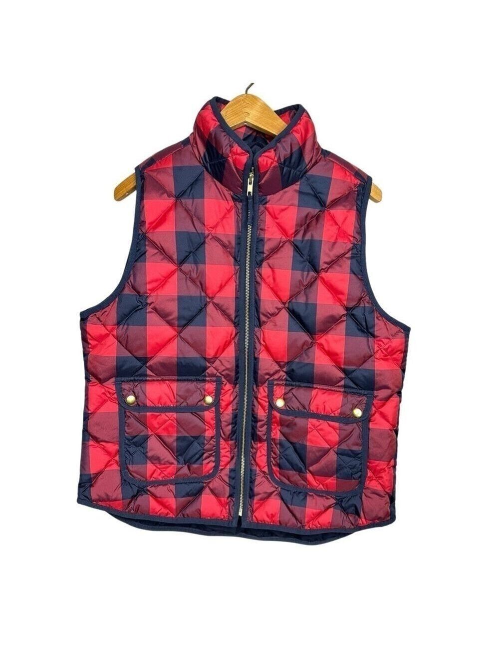 J. Crew Women’s Red & Black Plaid Sleeveless Puffer Vest Jacket Size L
